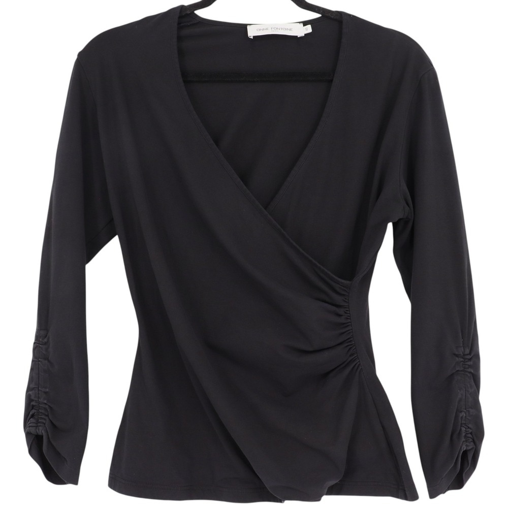 Anne Fontaine Liaison Black Pima Cotton Faux Wrap 3/4 Ruched Sleeve Top Size 40